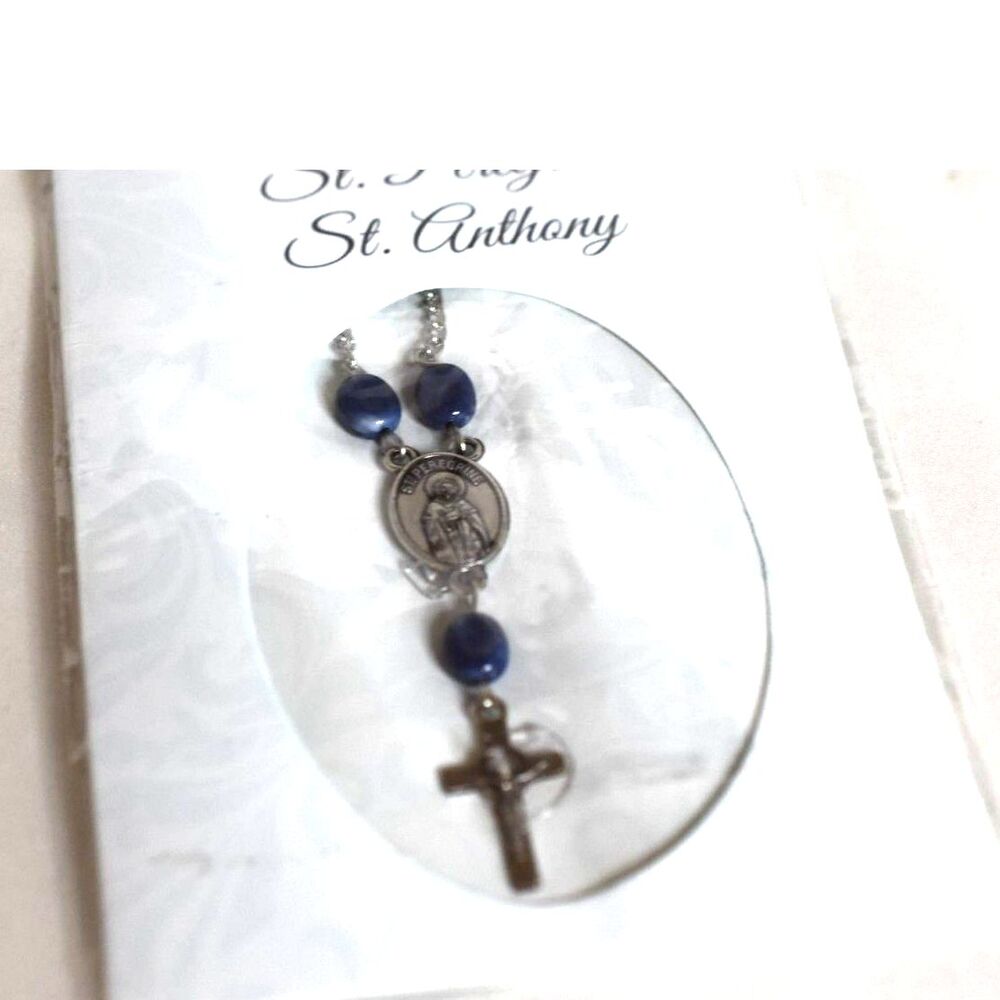 NIP St Anthony St Peregrine Pray For Us Silver Tone Chain Blue Beads Necklace